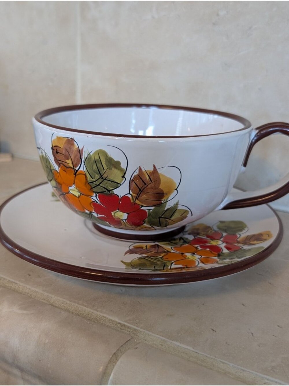 Vintage Hand-painted Italian Glazed Ceramic Cup & Saucer Set Mid Century Modern
